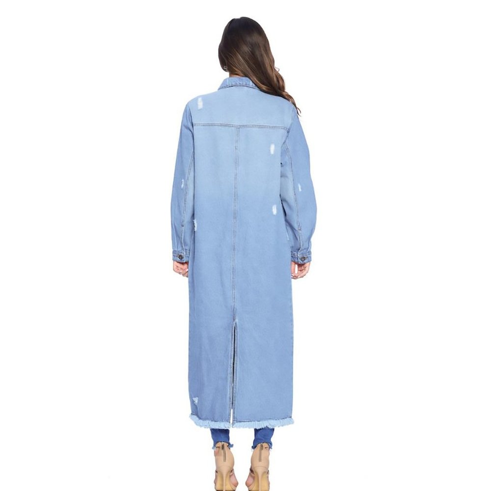 NWT Long Line Distressed Denim Coat, Button Down Duster, Pockets, Faded Blue - Picture 4 of 6